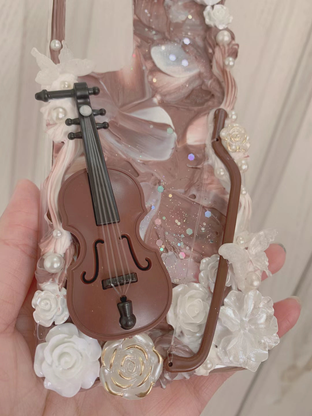 Handmade Decoden Phone Case with Violin, White Roses, and Decorative Accessories - Unique and Stylish Design