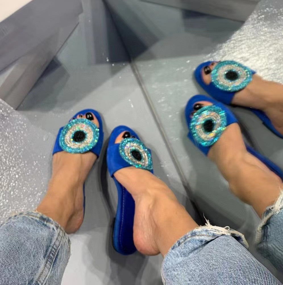 Evil Eye Blue SUEDE SLIPPERS