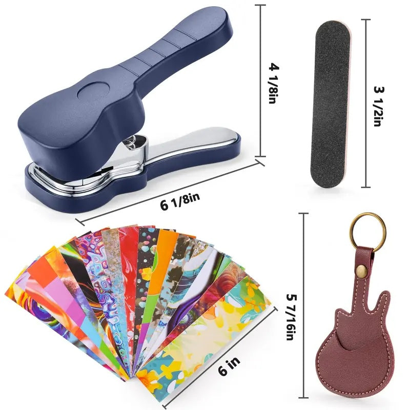 Card making kit with punch, card stock, and leather guitar shape keychain on a white background