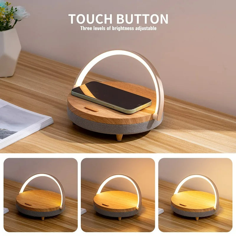 Wood Wireless Charger LED Lamp Speaker Fast Charging for iPhone Samsung Xiaomi