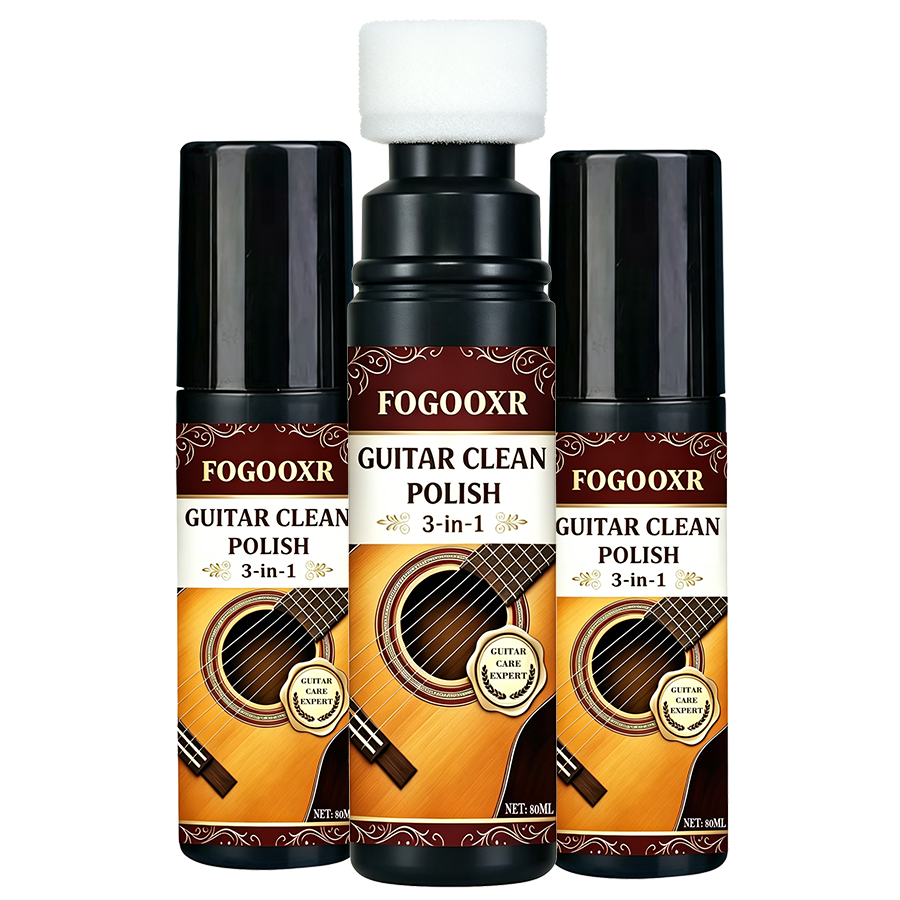 Three bottles of FOGOOXR Guitar Clean Polish on a white background