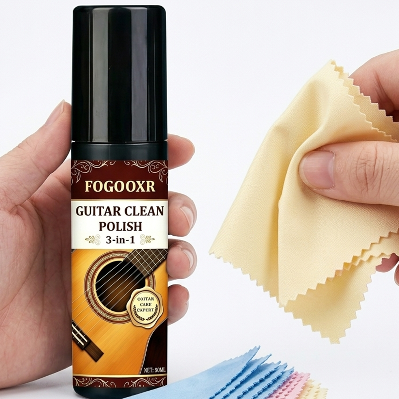 Fogooxr guitar cleaning polish bottle with a hand holding a cloth and cleaning 