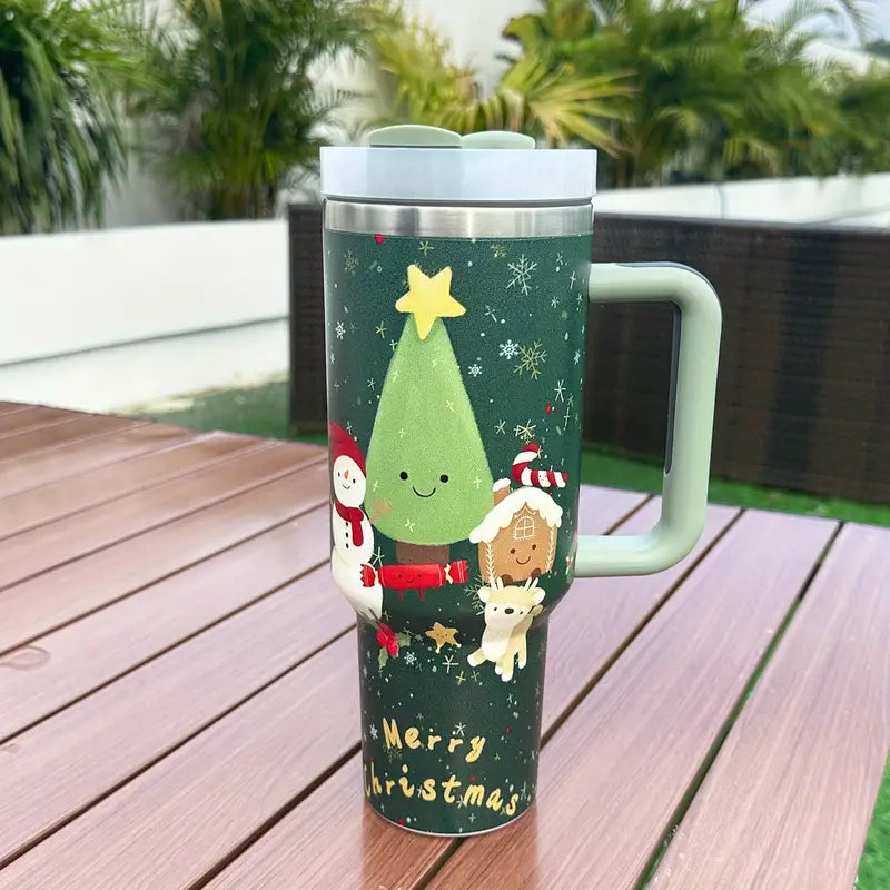 40oz Christmas Tumbler With Lid And Straw 304 Stainless Steel Insulated Car Drinking Cup Ice Bully Beer Mug Tumbler with Handle Christmas Birthday Holiday Gift