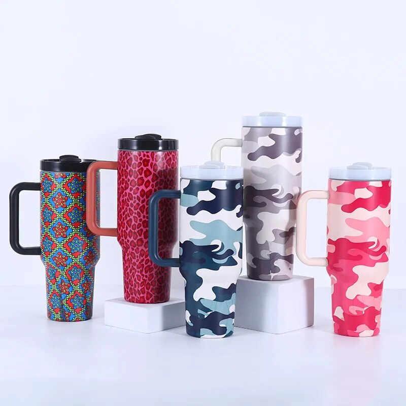 Tumbler With Handle Engraved Water Cup Straw Travel Drinkware Flower Bandhnu Leopard