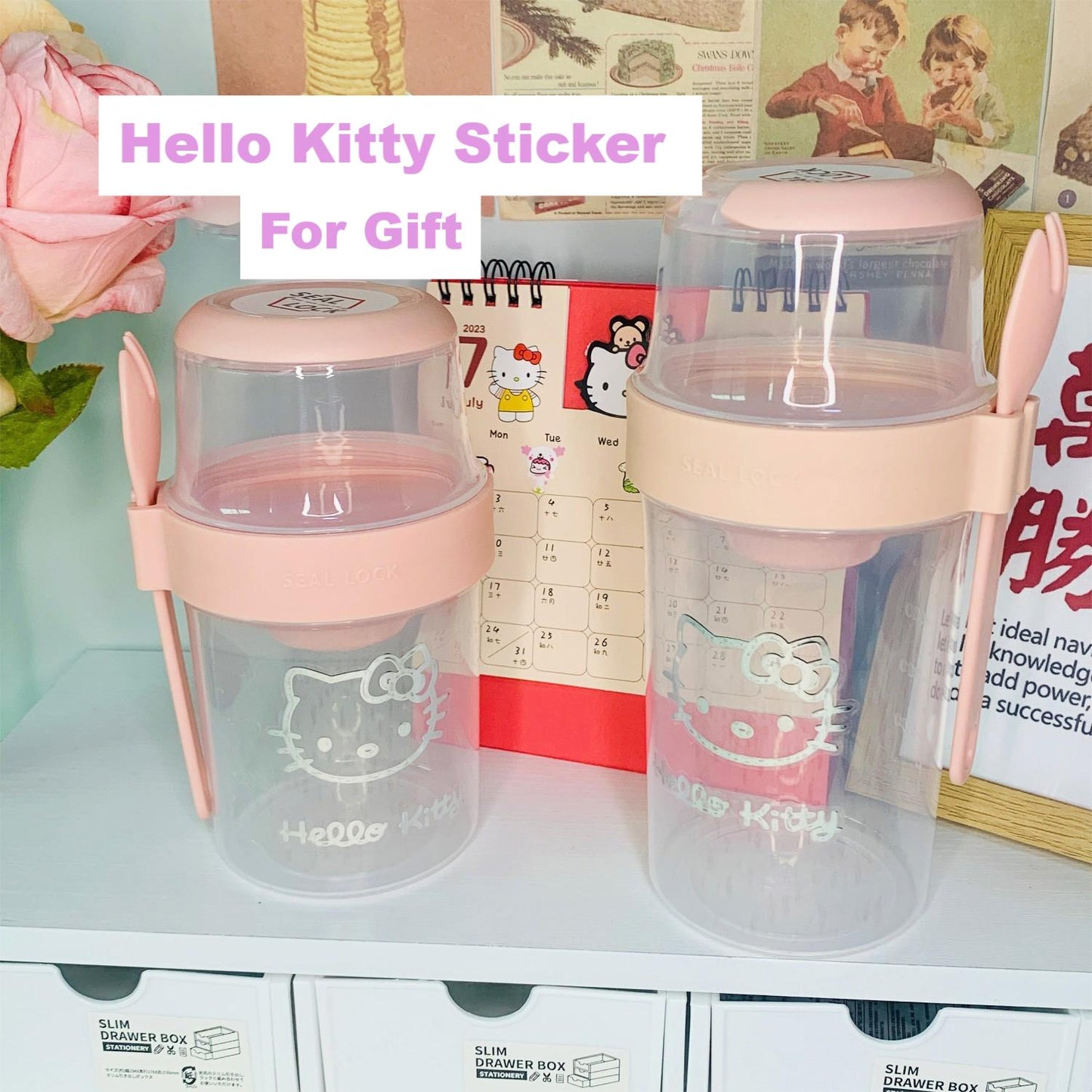 Hello Kitty Salad Cup Fruit and Vegetable Container with Fork Brush Portable Blag, Breadfast Lunch to take away