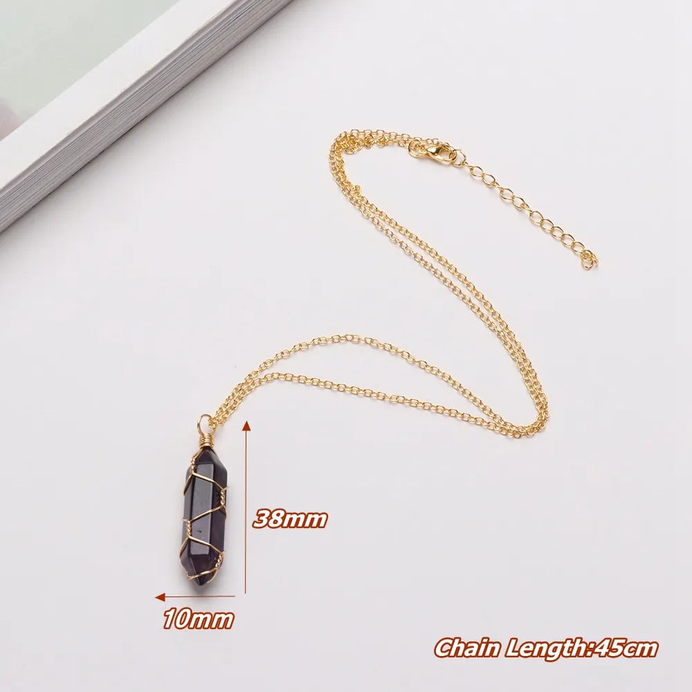 Natural Stone Hexagon Crystal Bullet Pendant Necklace for Women Rose Quartz Opal Wire Wrap Chain Necklaces Amethyst Fashion Jewelry