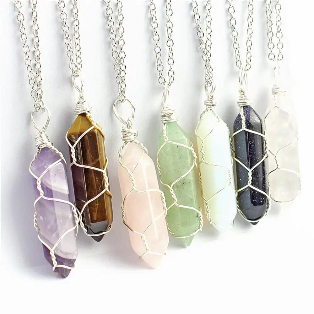 Natural Stone Hexagon Crystal Bullet Pendant Necklace for Women Rose Quartz Opal Wire Wrap Chain Necklaces Amethyst Fashion Jewelry