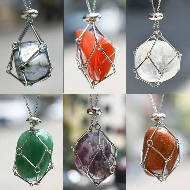 Stainless Steel Design Crystal Cage Necklace Holder Net Metal Chain Stone Collecting Holder Adjustable Pendant Copper Jewelry