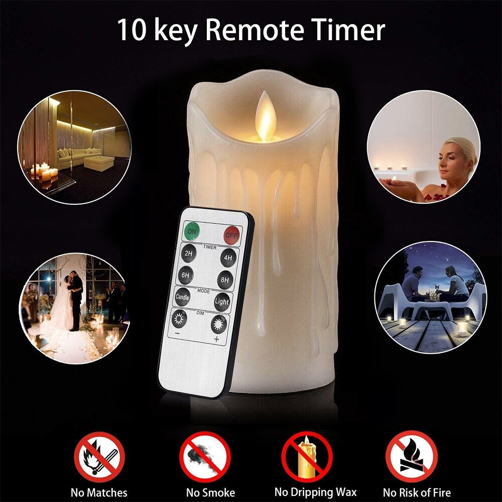 Set of 3 Remote Control LED Flameless Candles - Battery Powered Pillar and Tea Lights