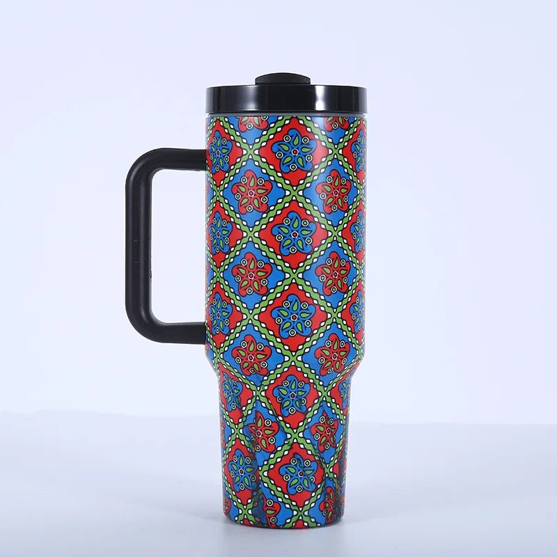 Tumbler With Handle Engraved Water Cup Straw Travel Drinkware Flower Bandhnu Leopard
