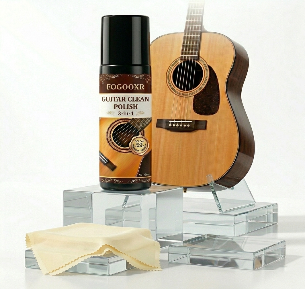 Guitar cleaning product with a guitar and cloth