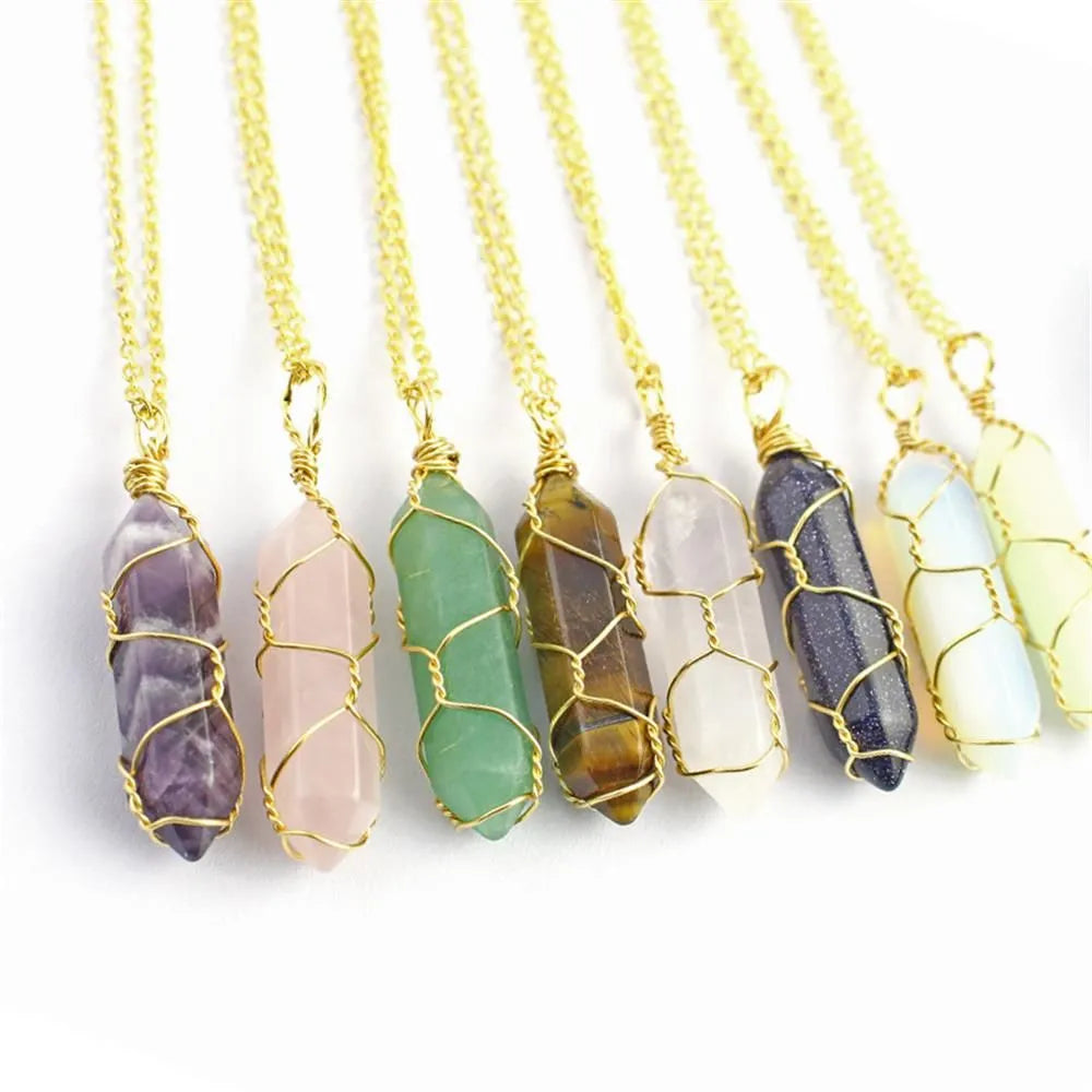 Natural Stone Hexagon Crystal Bullet Pendant Necklace for Women Rose Quartz Opal Wire Wrap Chain Necklaces Amethyst Fashion Jewelry