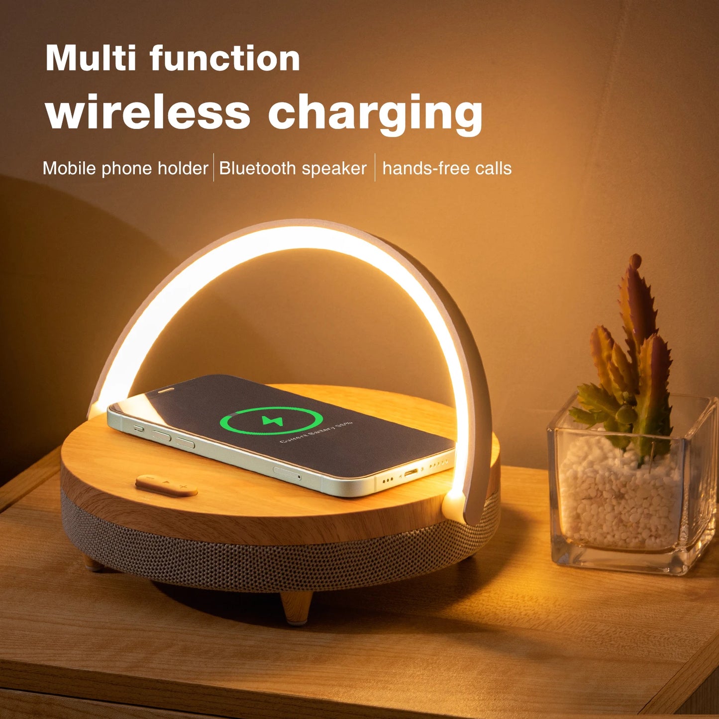 Wood Wireless Charger LED Lamp Speaker Fast Charging for iPhone Samsung Xiaomi
