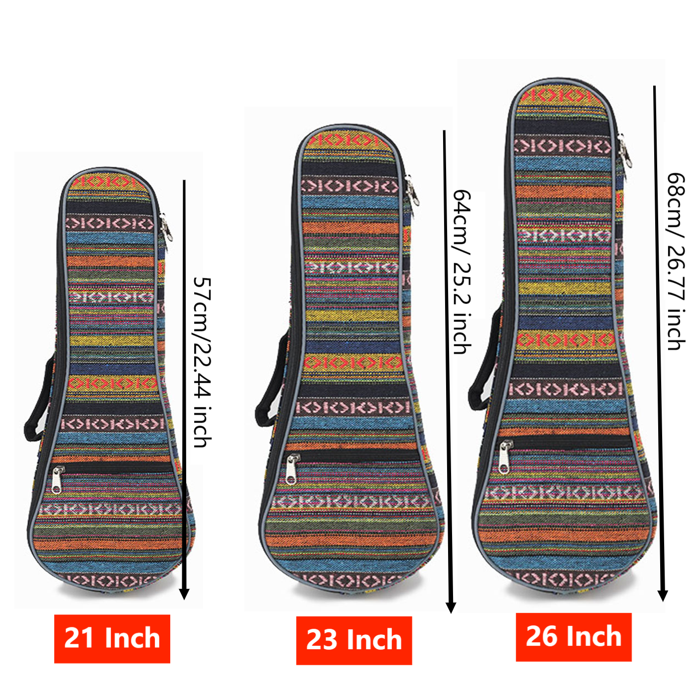 Bolivia striped ukulele case bag available in 21, 23 and 26 inch sizes