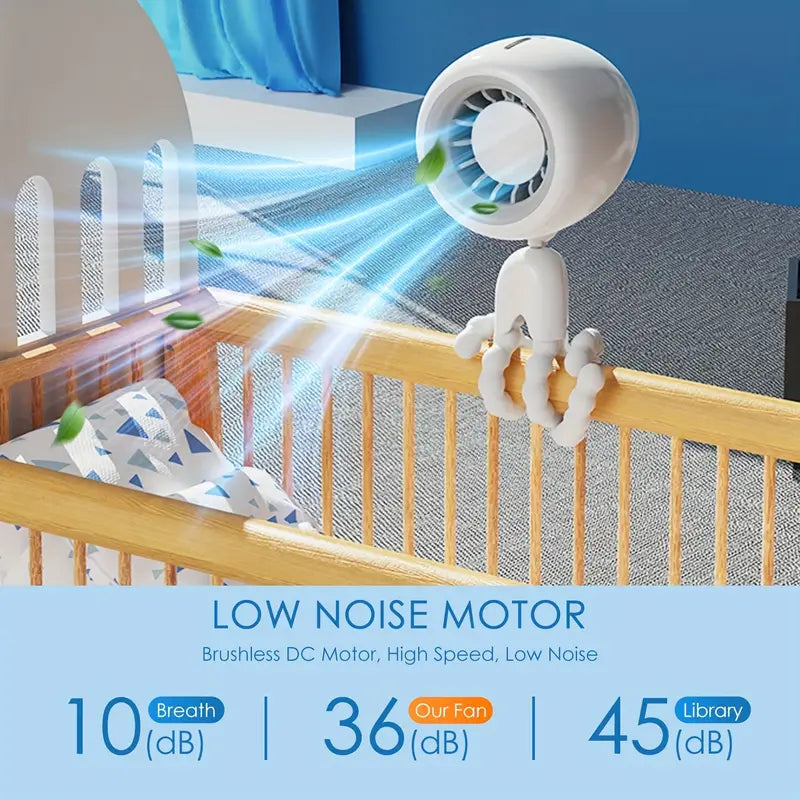 Portable Fan USB Rechargeable: Small Stroller Fan with Flexible Tripod Clip-on