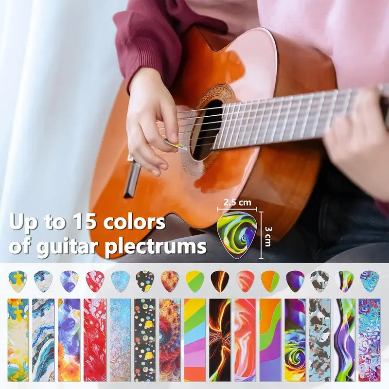 Person playing an acoustic guitar with a display of colorful guitar pick plates-custom your guitar picks anytime