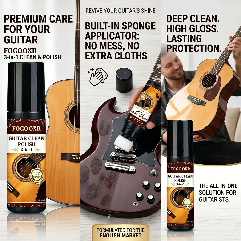 Fogooxr guitar cleaning product with text highlighting features and benefits