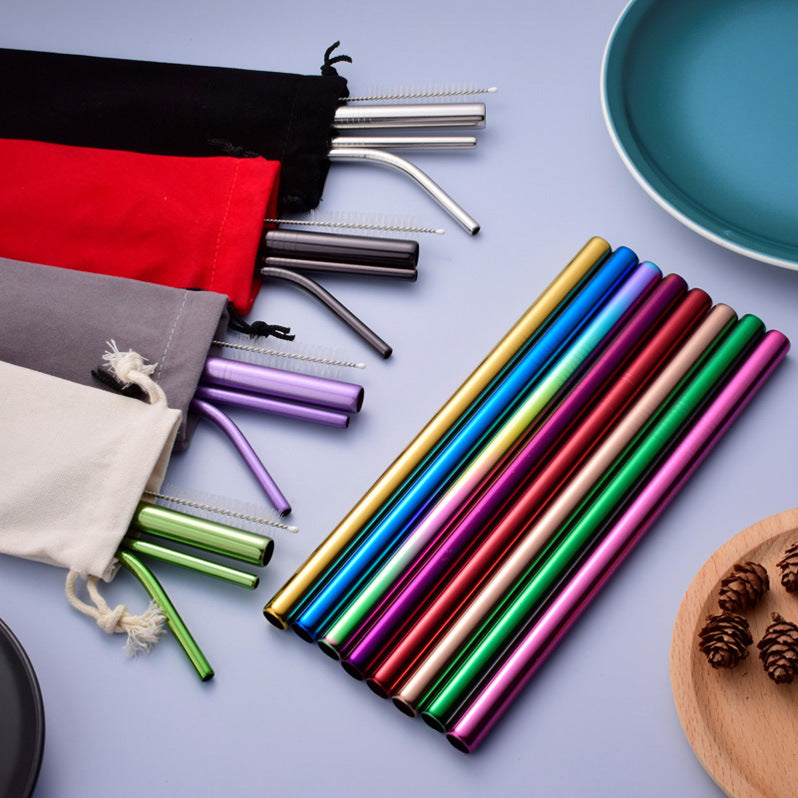 Reusable Rainbow Stainless Steel Straws with Cleaning Brush, 1 Portable Bag - give5me