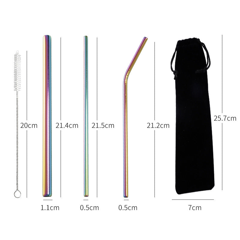 Reusable Rainbow Stainless Steel Straws with Cleaning Brush, 1 Portable Bag - give5me