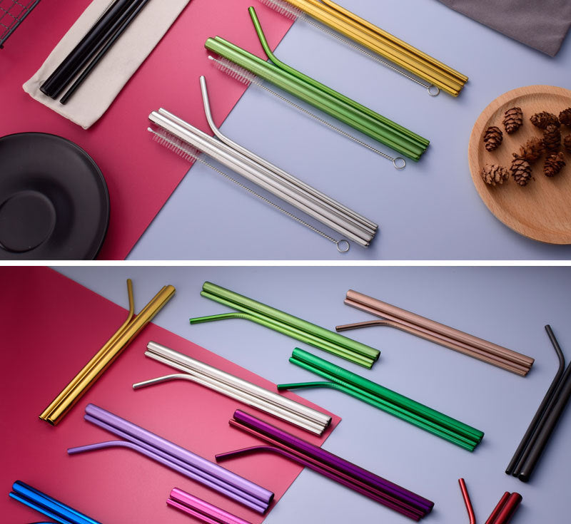 Reusable Rainbow Stainless Steel Straws with Cleaning Brush, 1 Portable Bag - give5me